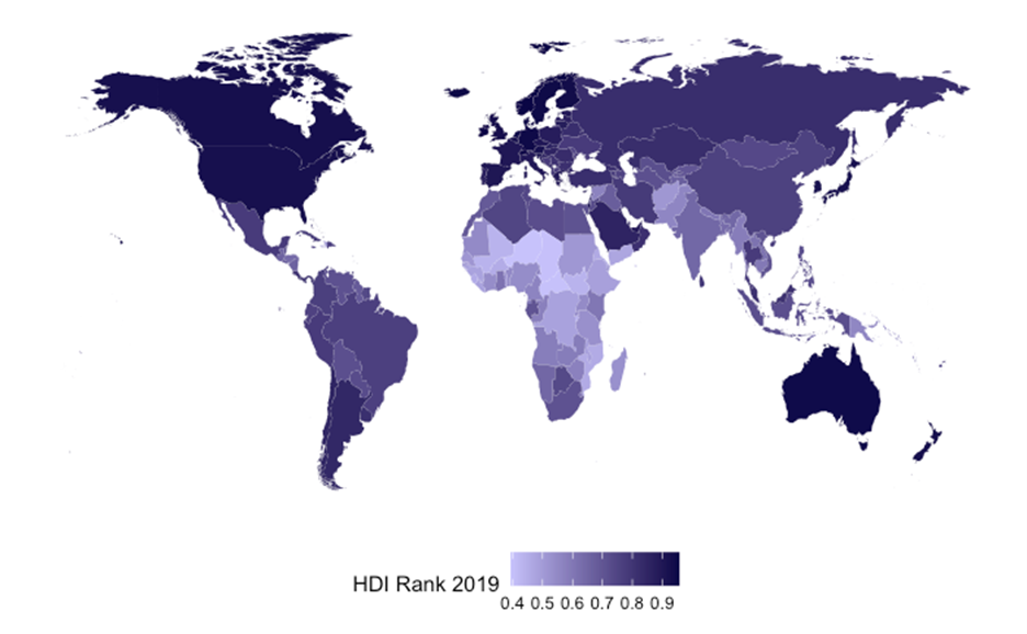 World Map of Human Development Index (HDI) rank