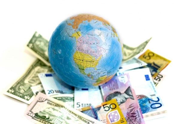 Globe with international currency