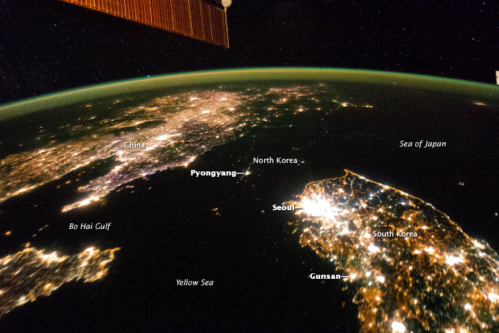 This night image of the Korean Peninsula shows that North Korea is almost completely dark compared to neighboring South Korea and China.