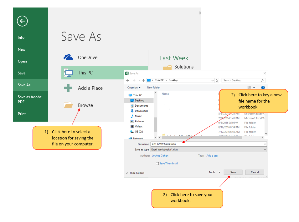 Save As dialog box for Excel 2016 featuring saving and naming a workbook.