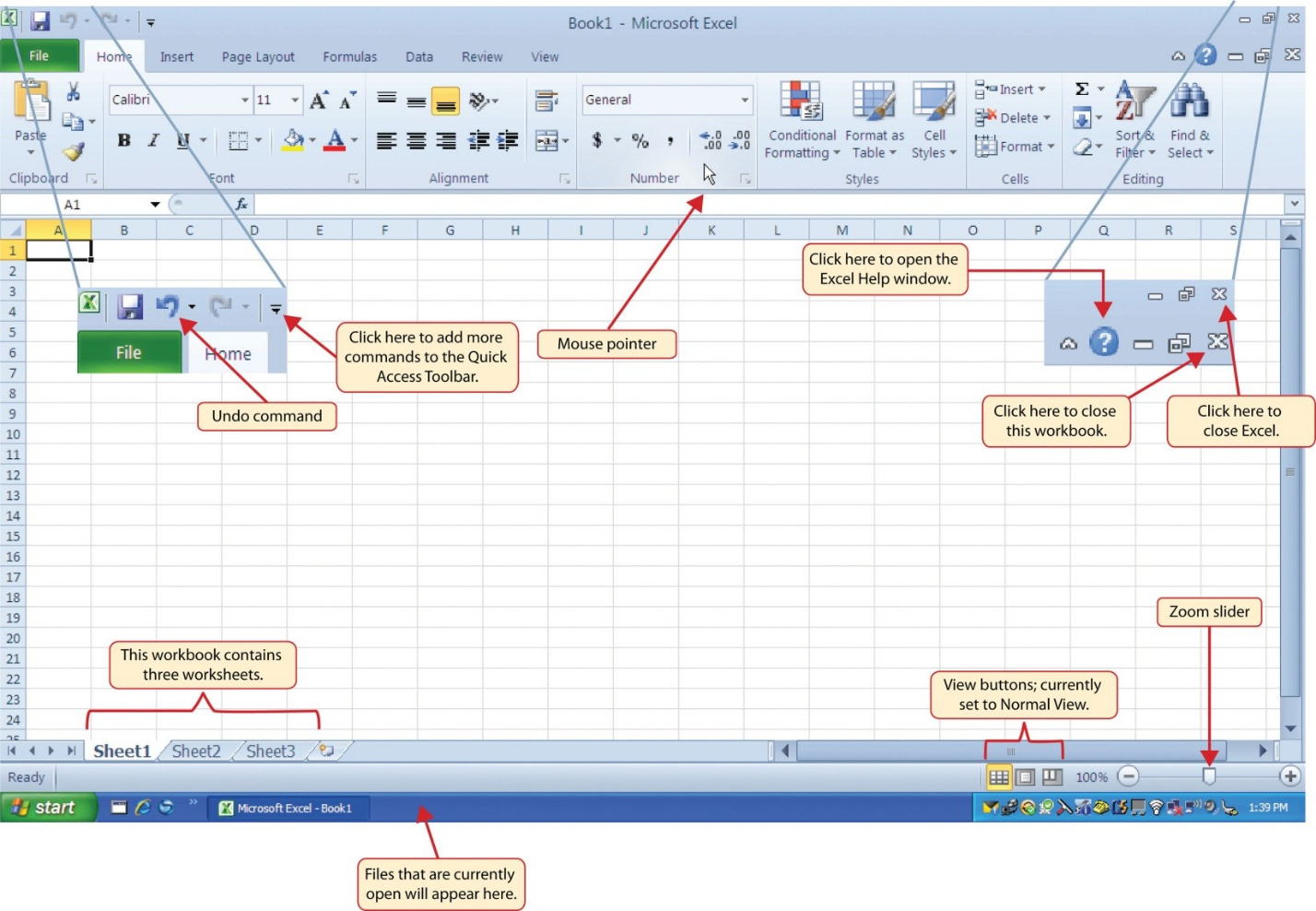 Quick access toolbar with commands Excel Help, Zoom slider, view options, and workbook tabs.