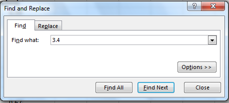 Find and Replace dialog box shows Find tab chosen and 3.4 entered in Find what. Replace tab, Find All, and Find Next options shown.