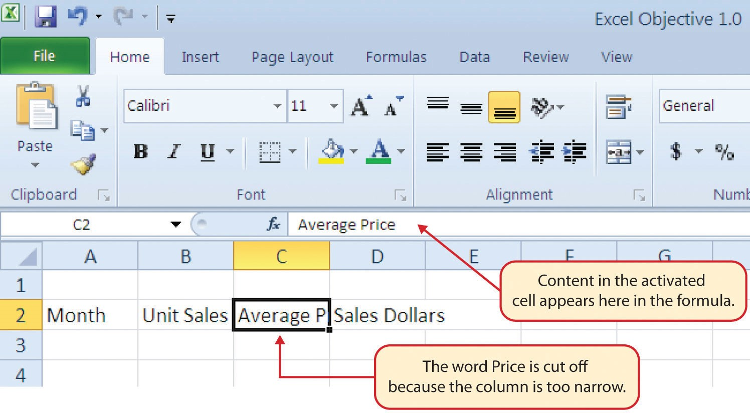 Cell C2 activated with "Average Price" in formula displayed as "Average P" in cell due to narrow column.