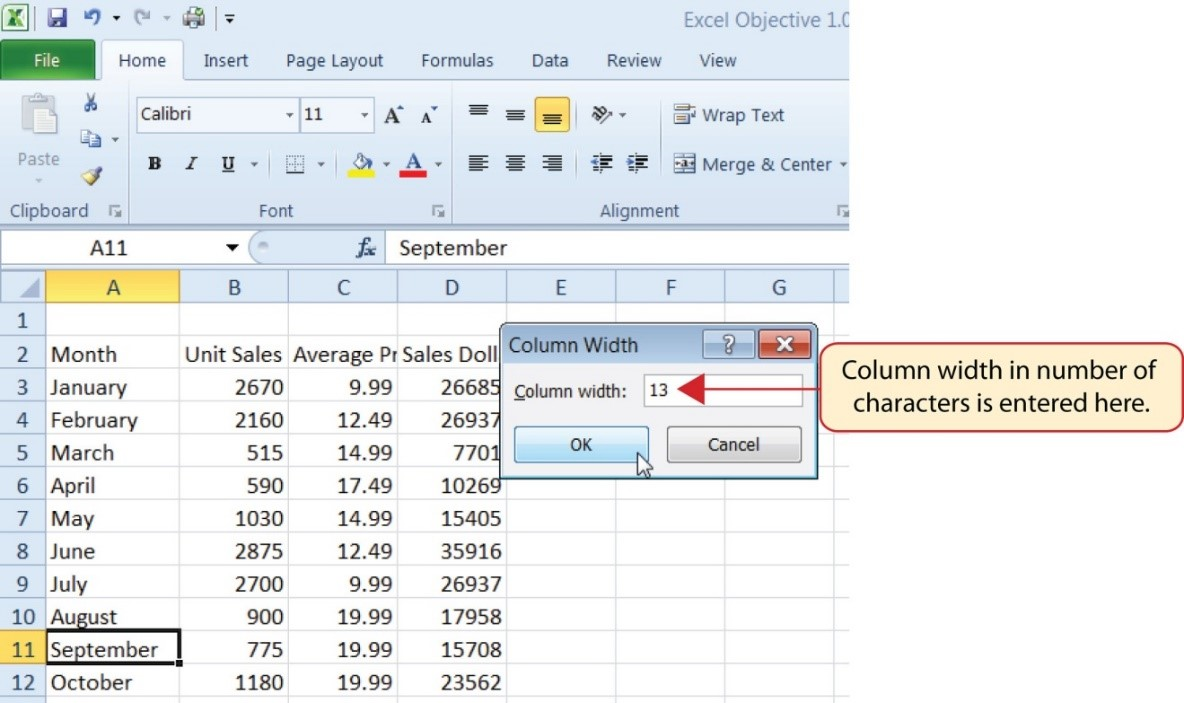 Cell A11 "September" activated and Column Width dialog box opened with "13" entered, the max number of characters to fit in that cell.