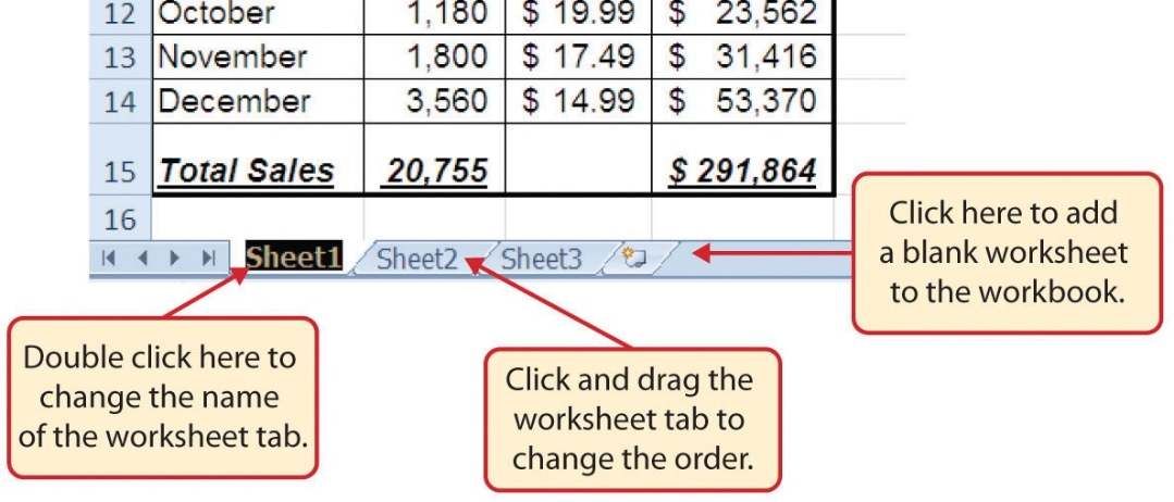 Worksheet tabs at bottom of workbook can be dragged to change order, and named or renamed.