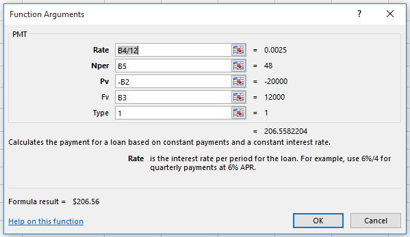 Function Arguments dialog box for PMT function car lease showing formula result.