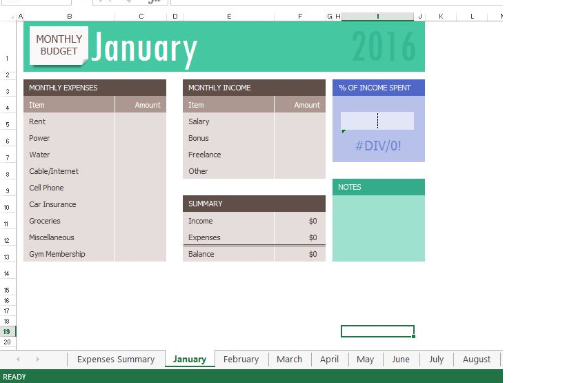 Monthly Budget January shows no data calculated. #DIV/0! large, bold, dark blue, in % OF INCOME SPENT box.