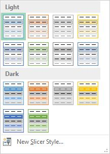 Slicer Styles box with "Light" and "Dark" categories.