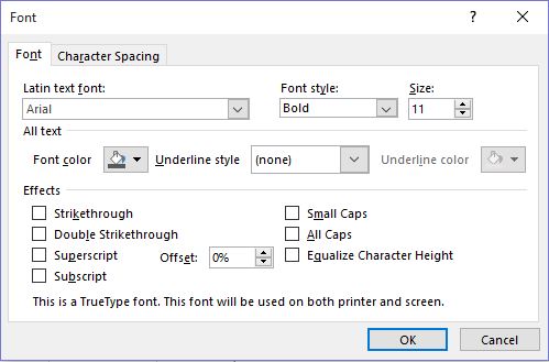 Font Dialog box with Regular Font Style and Size 11 selected.