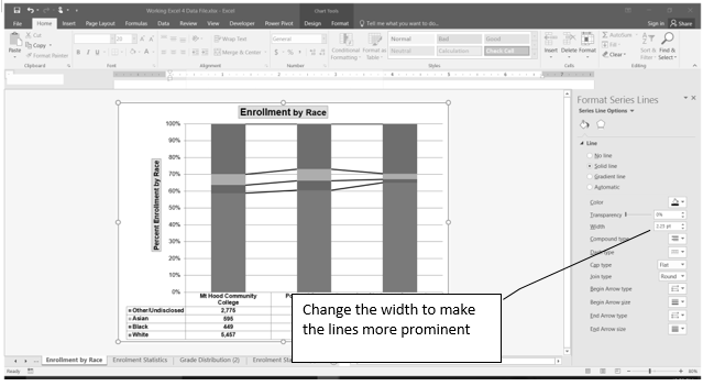 Series Lines Added to Stacked Column chart. To make lines more prominent, use Format Series Lines Pane to change Width.