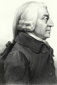 The image is a profile sketch of Adam Smith.