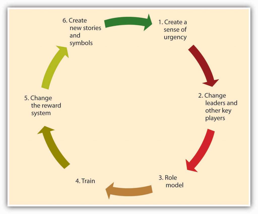 Process of Culture Change. 1: Create a sense of urgency. 2: Change leaders and other key players. 3: Role model. 4: Train. 5: Change the reward system. 6: Create new stories and symbols.