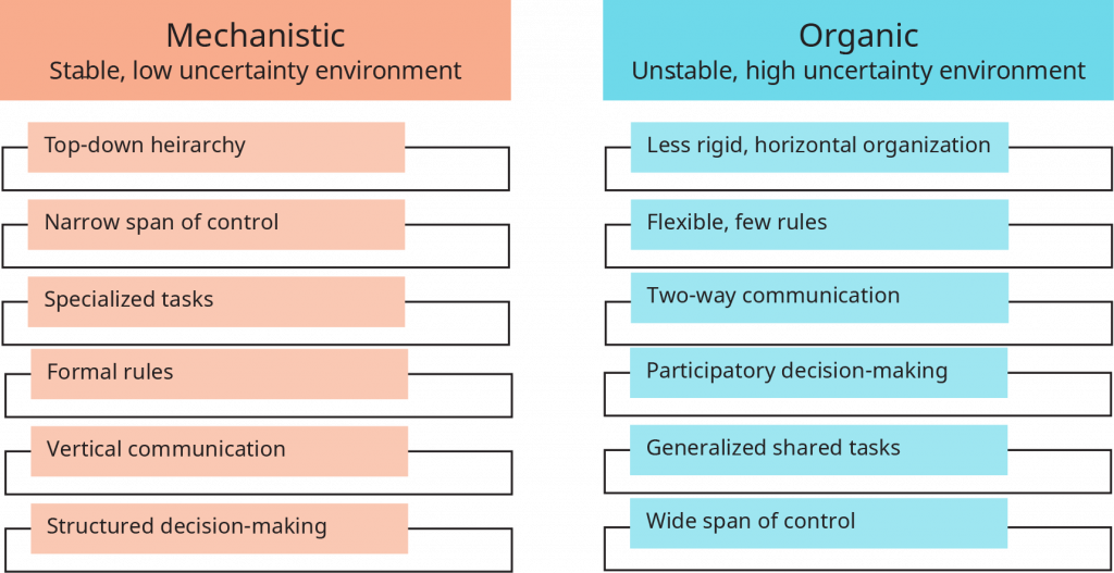 A diagram illustrates different types of organizational structures and their characteristics.