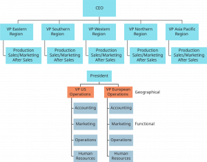 A set of two flowcharts show examples of geographical structure in an organization.