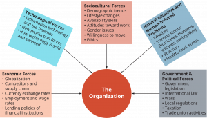 A diagram illustrates different types of macro environments and forces that affect organizations.