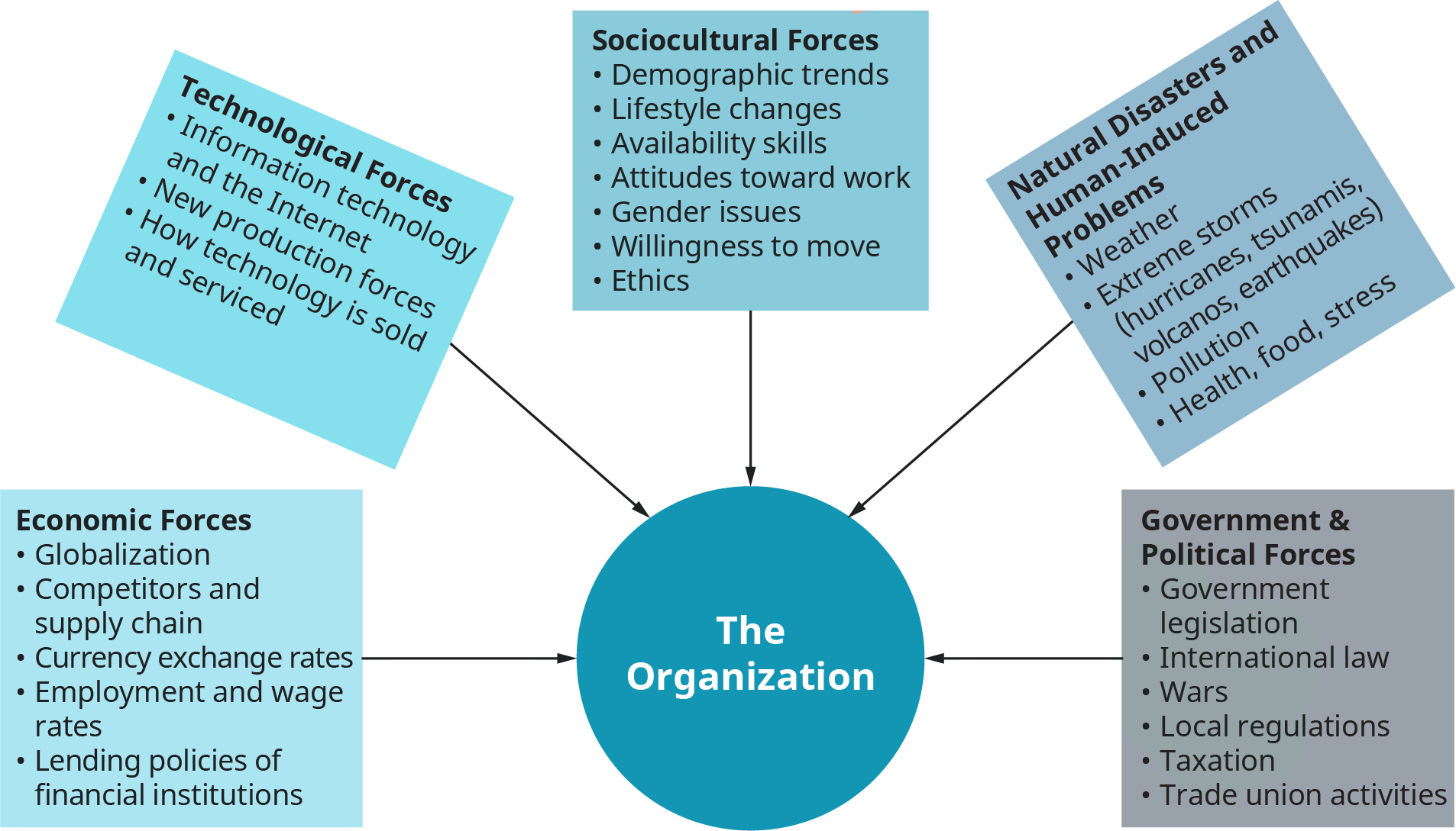 A diagram illustrates different types of macro environments and forces that affect organizations.