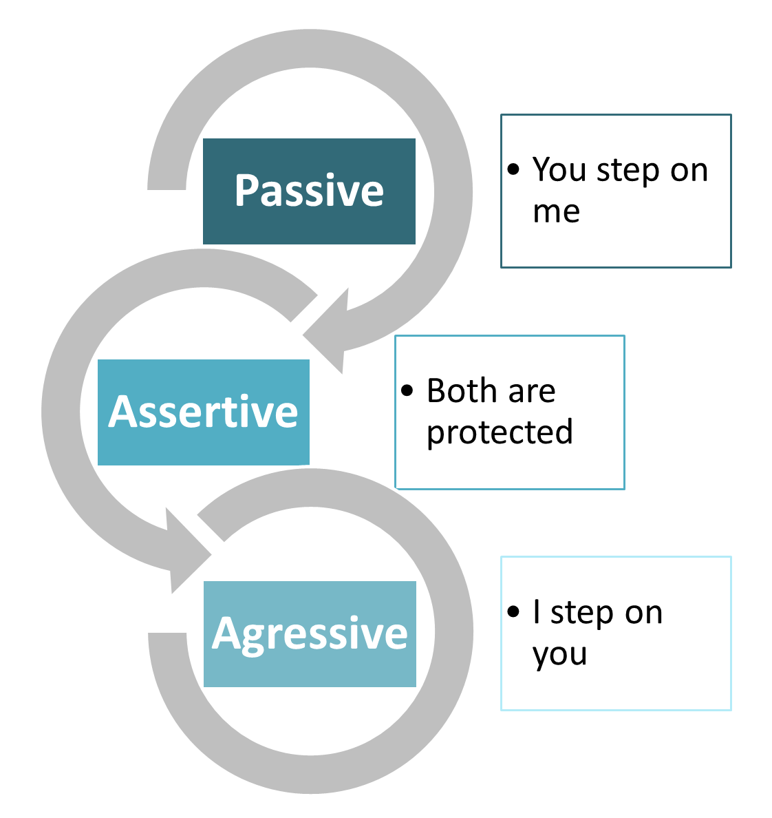Passive: You step on me; Assertive: Both are protected; Aggressive: I step on you