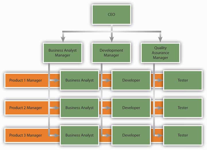An example of a matrix structure at a software development company. Business analysts, developers, and testers each report to a functional department manager and to a project manager simultaneously.