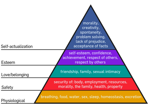 image describing Maslow's hierarchy of needs in a triangle illustration, the primary needs are physiological, safety, love and belonging, esteem, and self-actualization