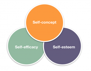 diagram showing three circles with the words self-concept, self-efficacy, and self-esteem