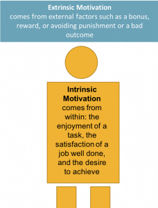 Geometric representation of a person with Intrinsic Motivation defined inside of them as: comes from within: the enjoyment of a task, the satisfaction of a job well done and the desire to achieve. Rectangle above the person with Extrinsic Motivation defined inside of it as: comes from external factors such as a bonus, reward or avoiding punishment or a bad outcome.