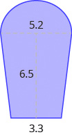 A blue geometric shape is shown. It appears to be two trapezoids with a semicircle at the top. The base of the semicircle is labeled 5.2. The height of the trapezoids is labeled 6.5. The combined base of the trapezoids is labeled 3.3.