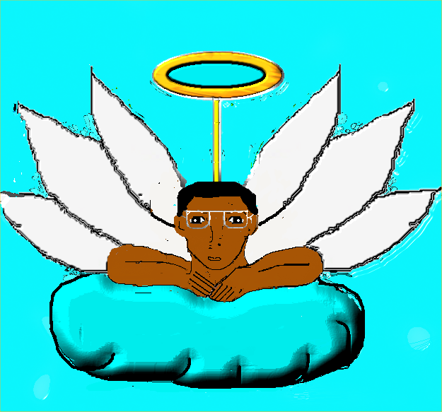 This is a sketch of a brown-skinned guy with short black hair and silver, rectangular glasses. Only his head and arms are visible. His arms are resting on something that looks like an inner tube as though he's floating in a pool. The inner tube could be a cloud because it's the same robin's-egg blue as the background. From the guy's back emerge three large white petals which are presumed to be wings, and also a golden rod topped by a golden halo, horizontal in orientation.