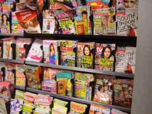 gaudy display of magazines on rack