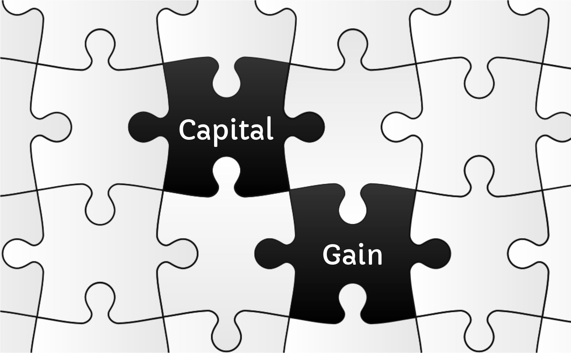Shows a interlocking jigsaw puzzle pieces. Two of them are black. One is labelled "Capital" and the other is labelled "Gain". "Gain" is one piece to the right and one piece below "Capital". The image is just meant to be decorative.