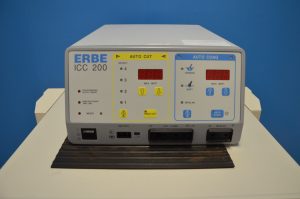 Photo of an Electrosurgical Unit found in the Biomedical Engineering laboratory. Photo depicts the front view of the ESU. Not shown are the pedals that operate the unit.