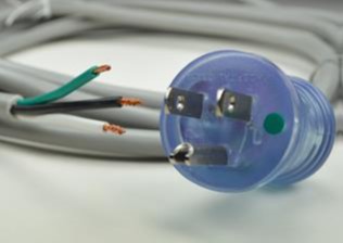 Example of power cords used by biomedical equipment. Hospital grade power cord with one end demonstrating the internal ground, live and neutral wires.
