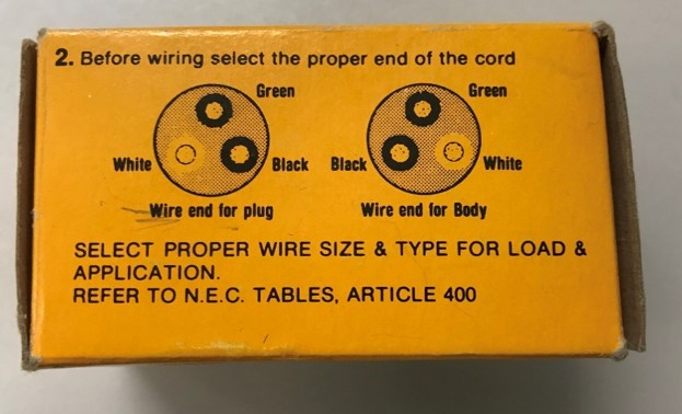 Example of power cords used by biomedical equipment. Box of hospital grade power cord depicting instructions on proper use.