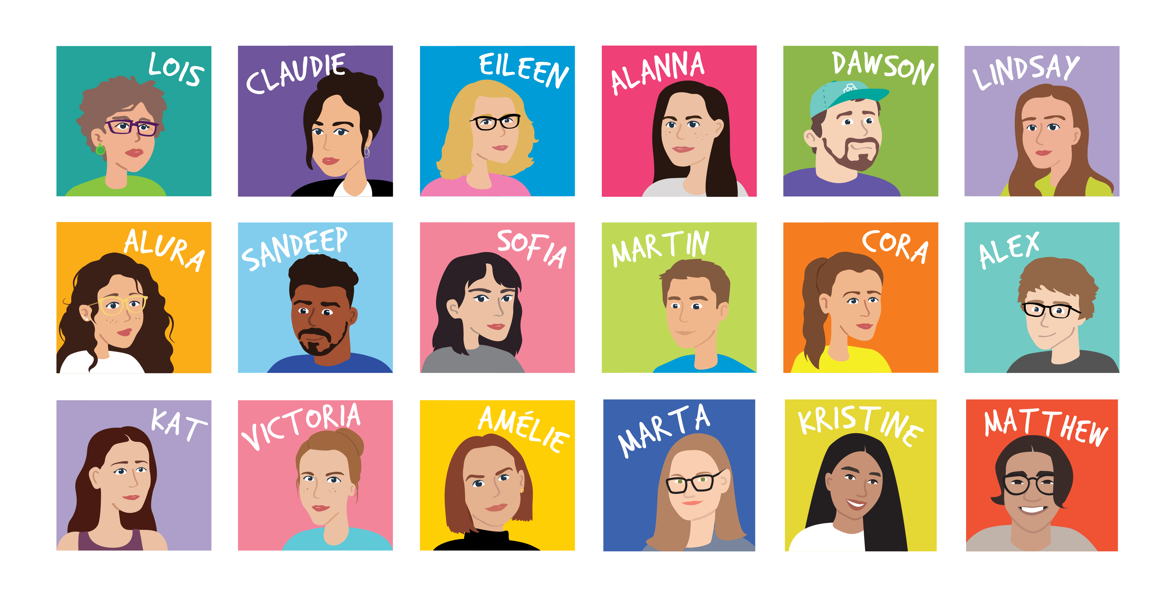 Sense-It! Team. Illustrations of members. Left to right: Lois, Claudie, Eileen, Alanna, Dawson, Lindsay, Alura, Sandeep, Sofia, Martin, Cora, Alex, Kat, Victoria, Amélie, Marta, Kristine, Matthew.