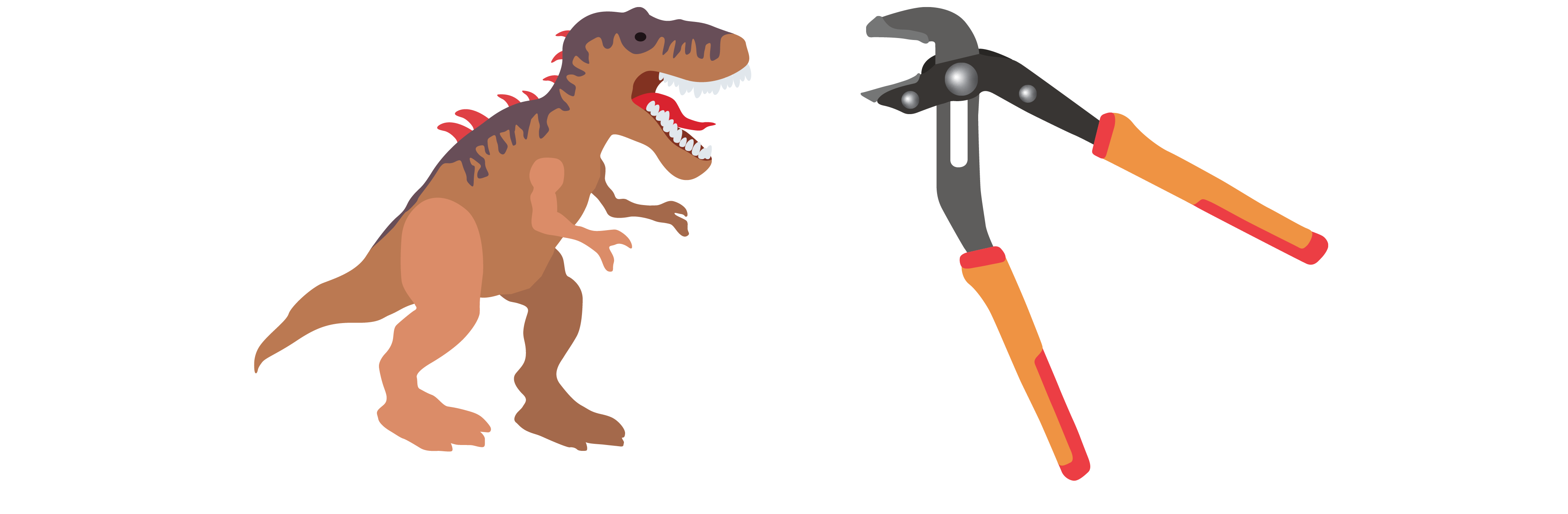 On the left, a brown and red t-rex dinosaur stands with its short arms extended. On the right, red and orange metallic groove joint plyers face the dinosaur, showing their similar forms.