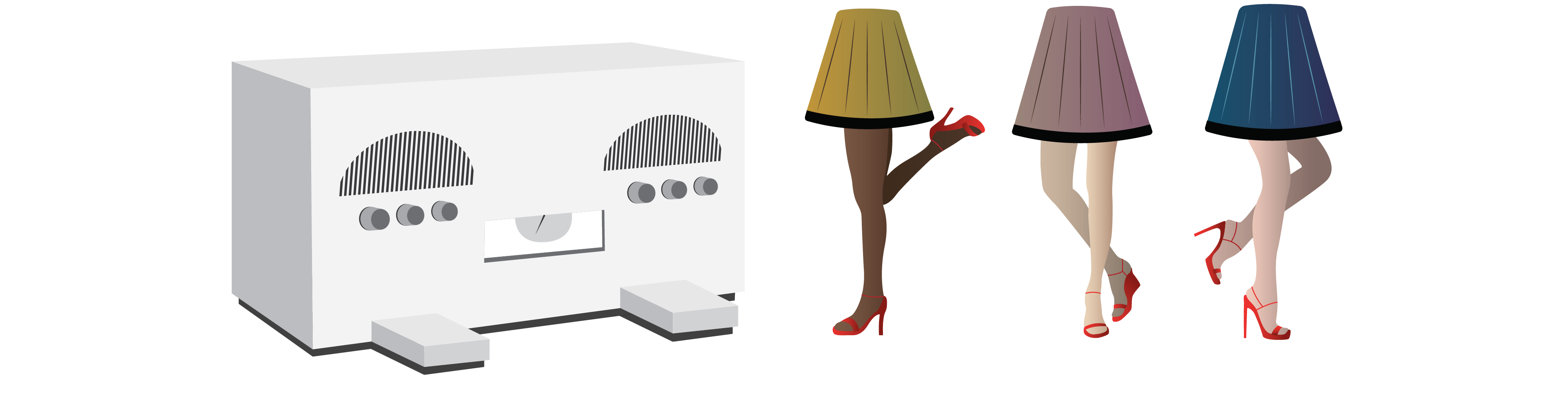 On the left, a grey vintage-style radio showcases anthropometric features, including two rounded speakers near the top, shaped like eyes. Underneath the speaker, a display resembles a mouth with a tongue. At the bottom of the unit are two components, which could be interpreted as representing arms or feet. To the right of the radio, 3 similar lamps showcase human-like features: the lampshades resemble pleated skirts and are green, purple, and blue. The tubing of the lamps resemble thin legs and the base of the lamp are feet with red high heels.