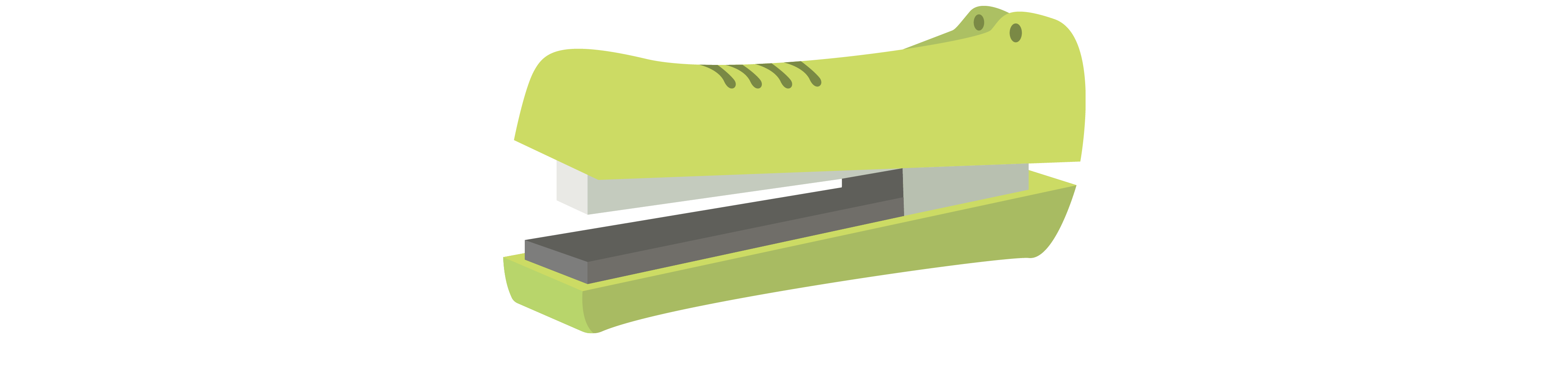 A stapler sits open, styled to anthropomorphize an alligator's mouth with the metallic stapling part resembling teeth, light green casing on the top and bottom and eyes at the back on the top.