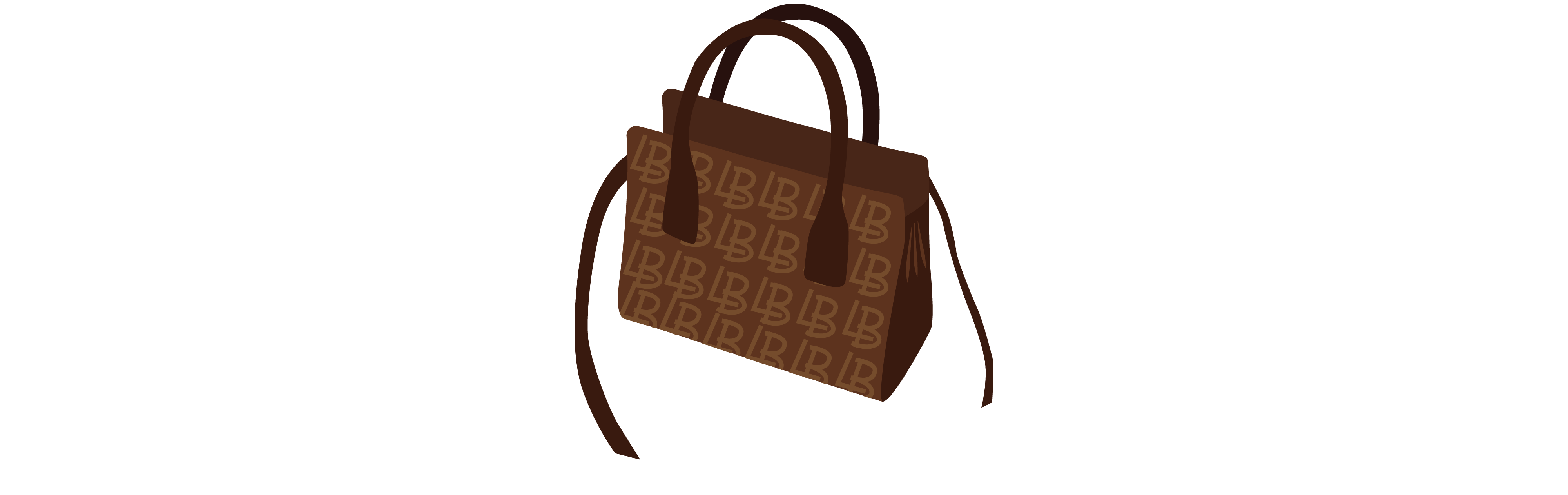 A brown handbag with light brown icons with the letters L and B patterned around it sits on a surface. A long, dark brown shoulder strap sits around it and shorter handles sit on top of the bag near the opening.