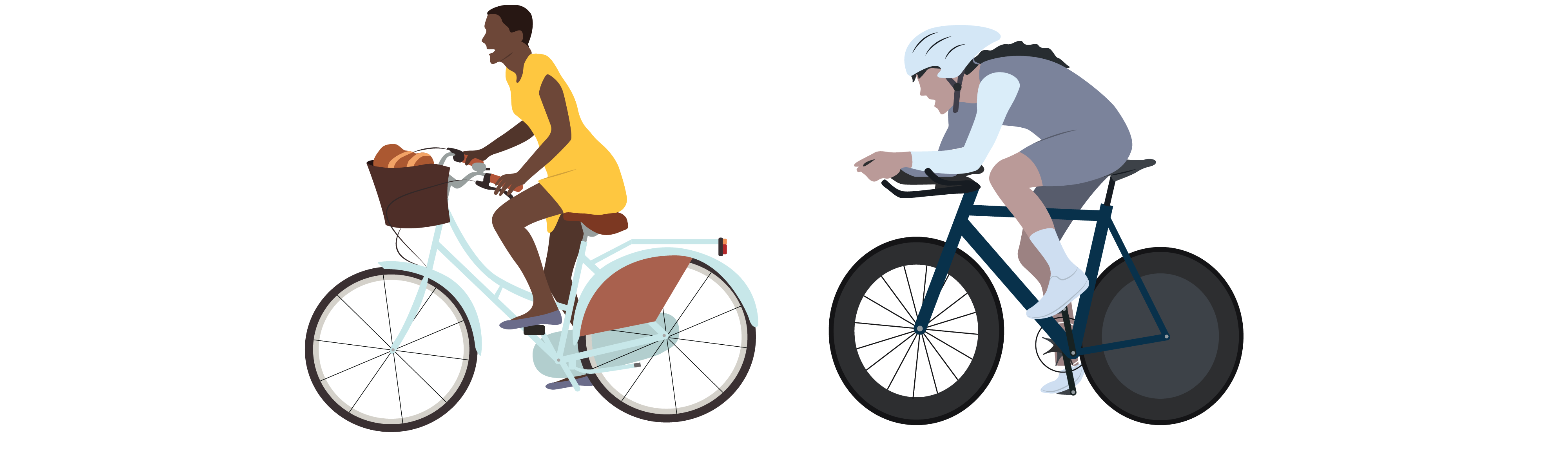 On the left, a person with a yellow dress and short, dark brown hair leisurely rides a light teal cruiser bicycle. The bicycle has a brown basket on the front with a loaf of bread sitting in it. On the right, a person with long hair dressed in grey athletic clothing and a helmet rides a dark blue road bike, bent over the handlebars.