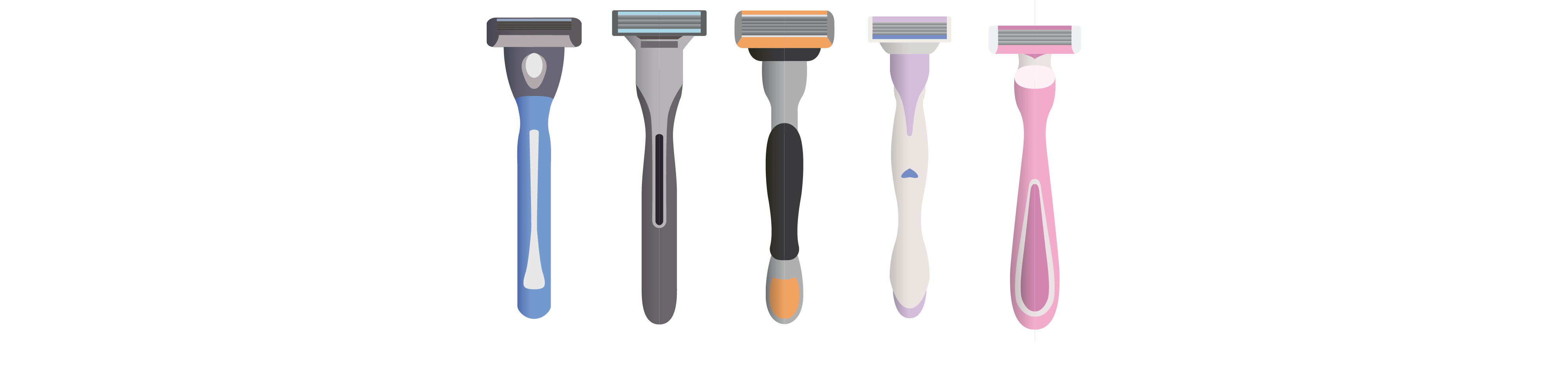 5 razors are lined up, each with different colours and form. From left to right, the first razor is blue and grey with a simple, slim and straight design. The second razor is various shades of grey, with a form that goes from thicker at the top to thinner at the bottom in a downward triangular shape. The third razor is varying shades of grey with orange accents. Darker, bulky components show where the user is meant to interact with and grip the product. The fourth razor is white and light purple, with a curvier form. The fifth razor is varying shades of pink and white with an hourglass shape.