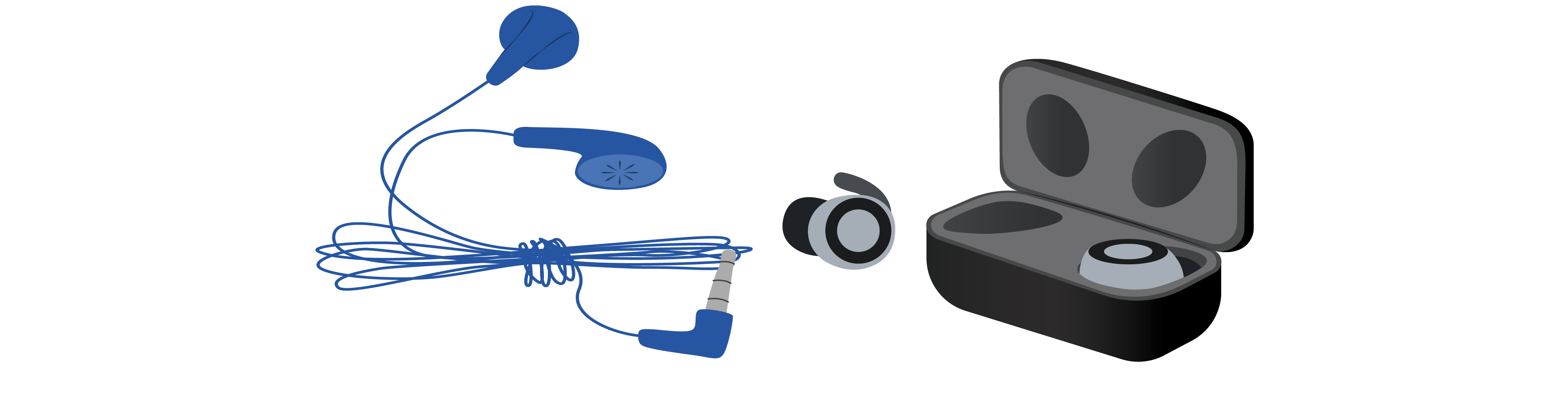 Blue wired earbuds sit to the left of black and grey wireless earbuds and their black and grey case. The case is open and one headphone sits inside the case while the other sits outside of it.