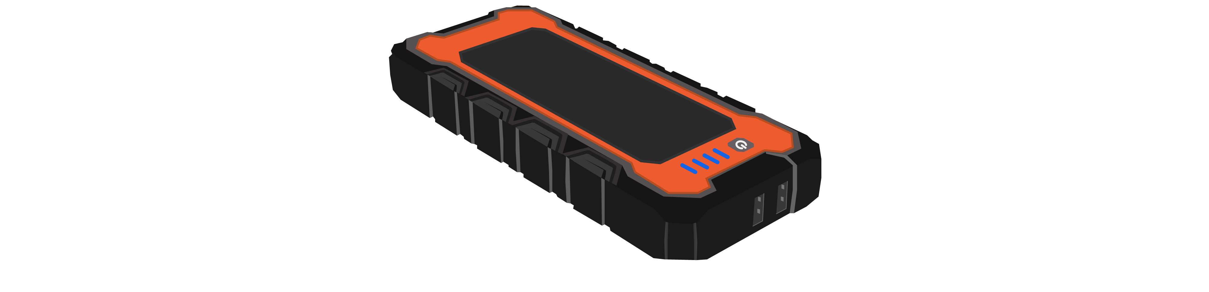An orange and black power bank with a screen is shown at an angled view. The black casing gives the appearance of ruggedness.