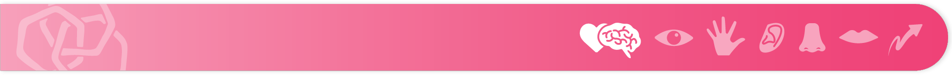 Section banner indicating the start of a new section. On the right, 7 icons depict the senses: a heart and brain, an eye, a hand, an ear, a nost, a mouth, and an arrow (movement). Chapter 1 banner is pink with the heart and brain icon highlighted.
