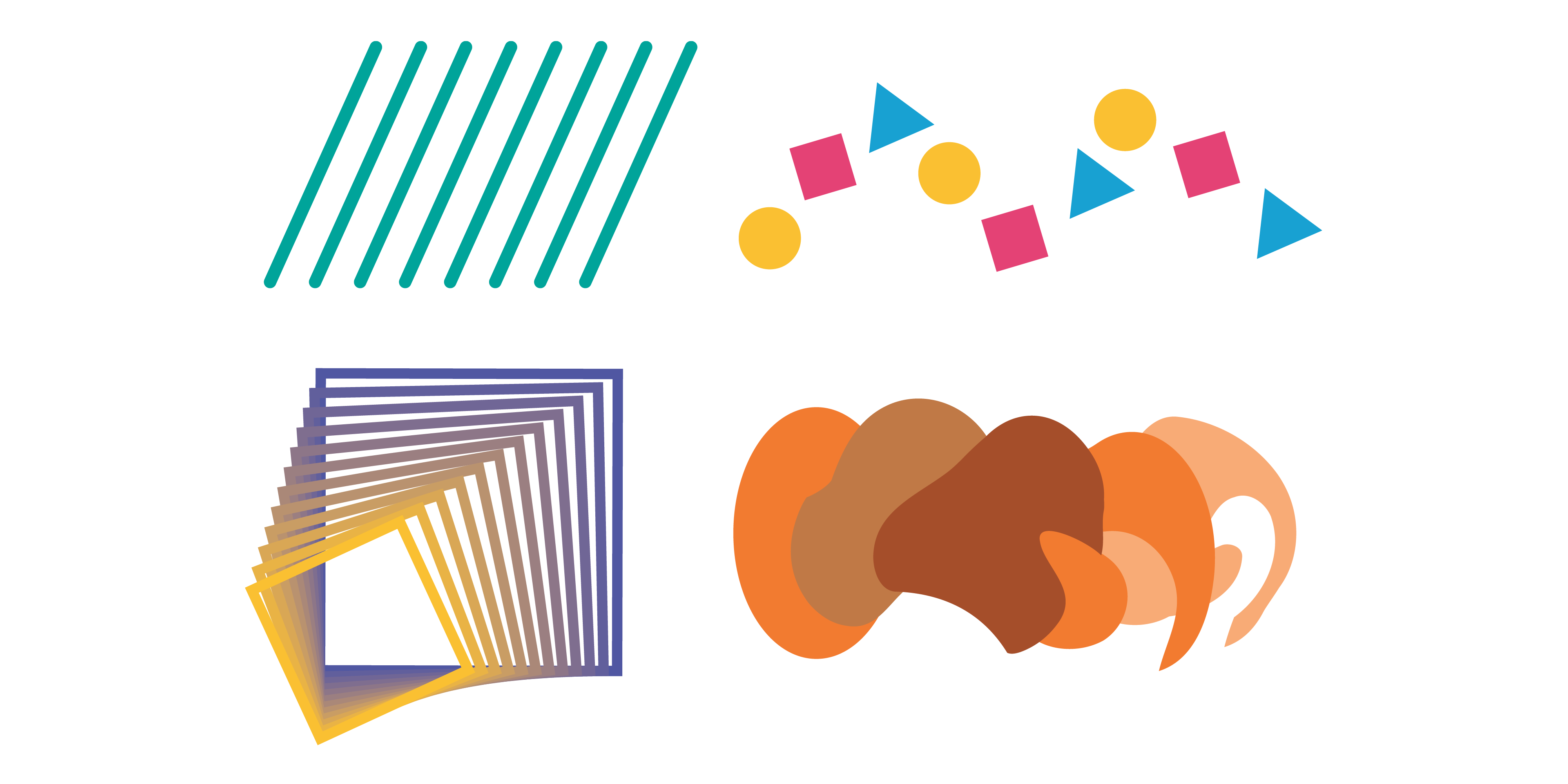4 different examples of rhythm: on the top left are repeating lines in teal, on the top right are repeating groups--each with a yellow circle, a pink sphere, and a blue triangle--, on the bottom left are repeating yellow and blue squares--where each one rotates a bit more to the right--, and on the bottom right is a line of undulating organic forms in different monochromatic brown and yellow colours.