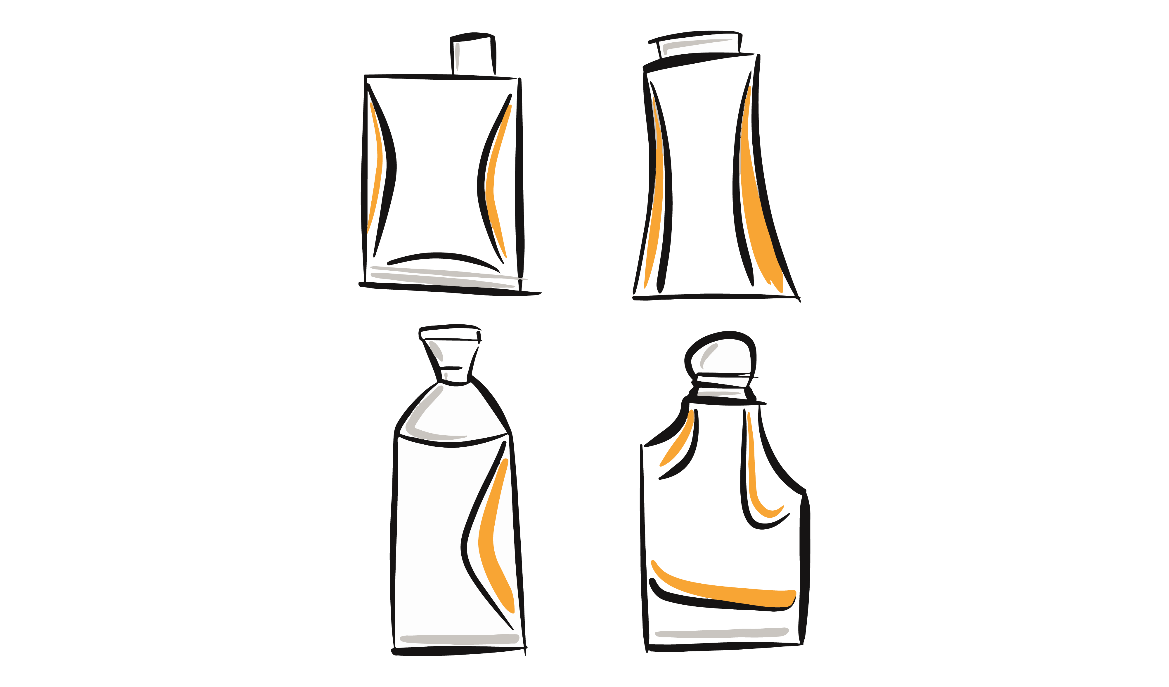 Sketches of 4 different bottles show different placements, sizes, or organization of the same components, including the top, the interior volume, and the overall bottle shape.