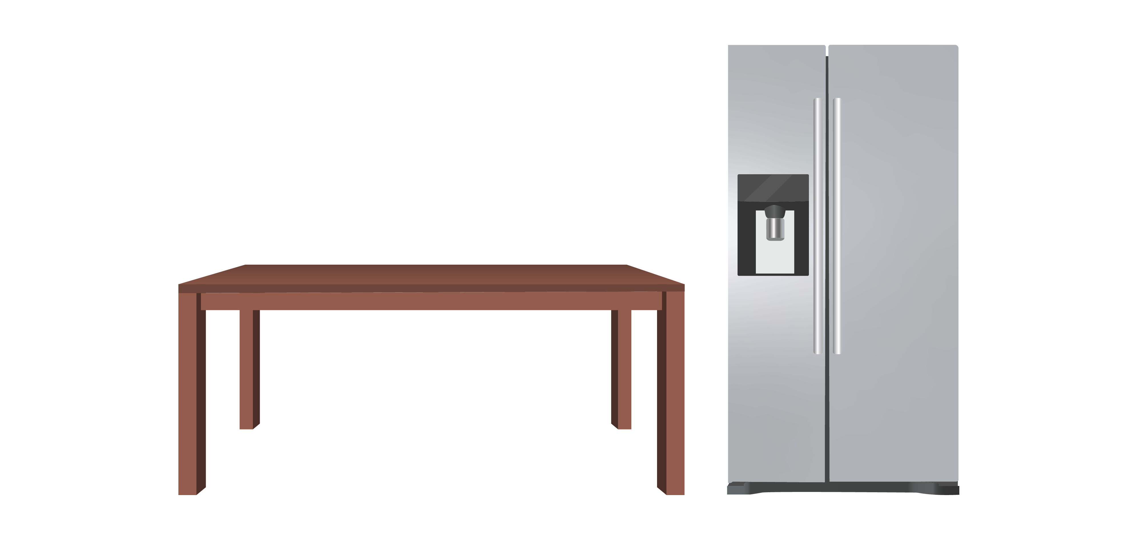 On the left is a simple, brown, wooden table. On the right is a silver stainless steel refrigerator.