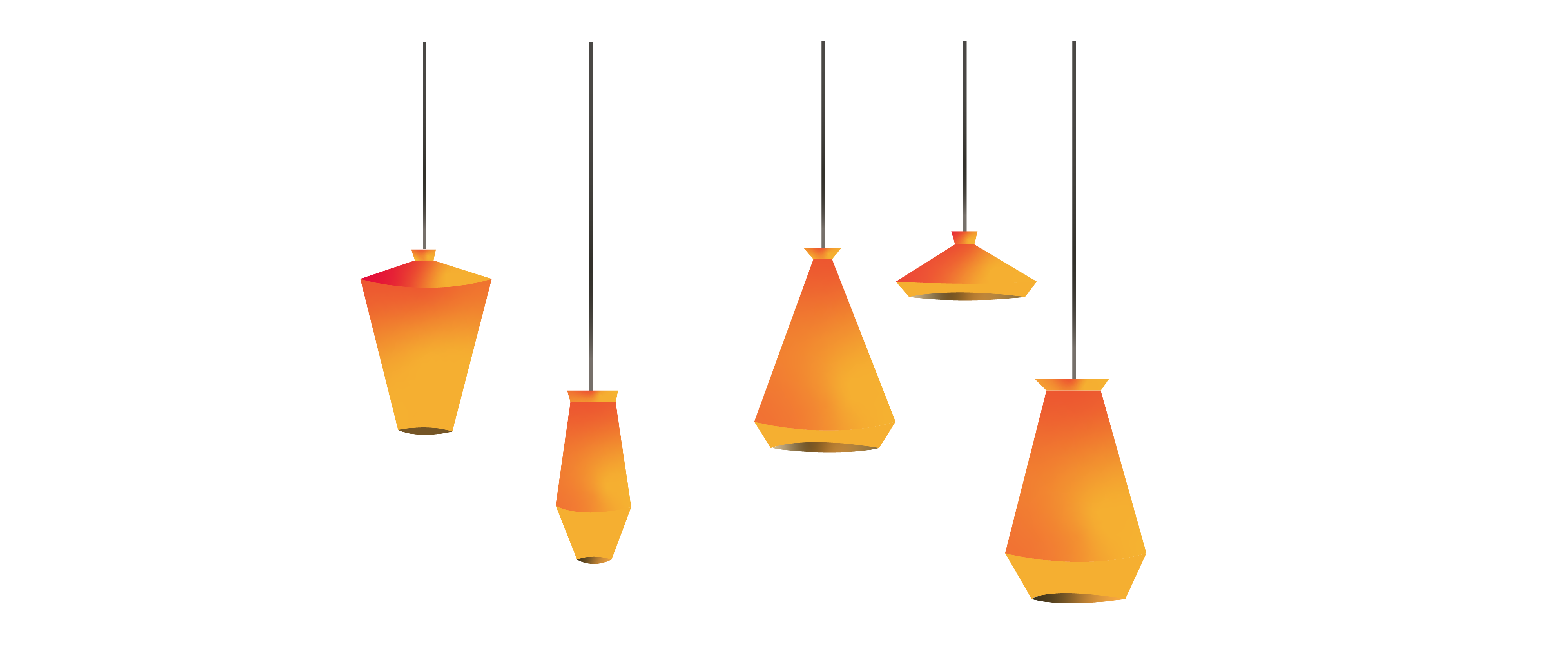 A product line of 5 hanging lamps where each of the lamps have the same elements, such as the cones, with different proportions in each composition.