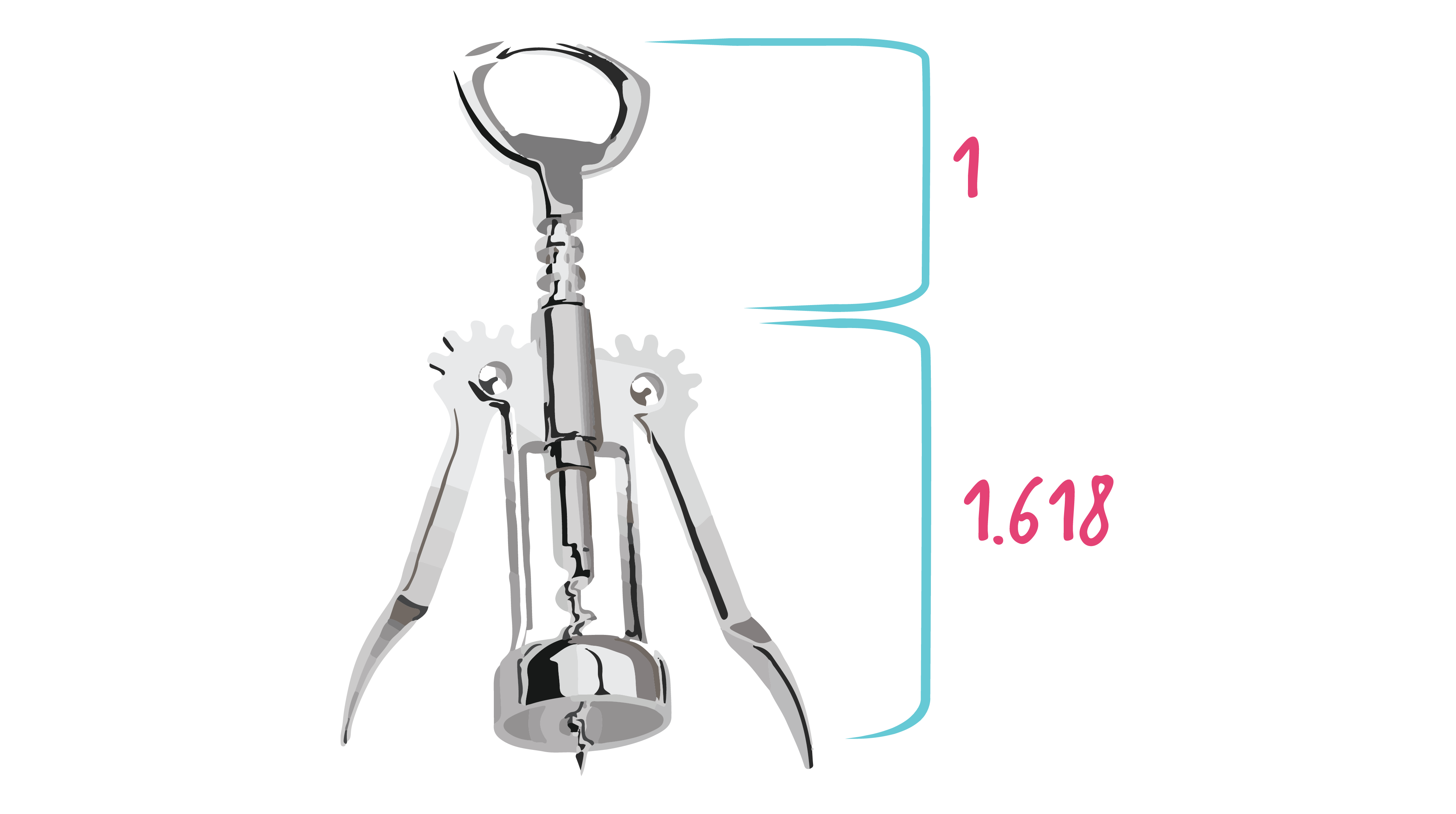A silver corkscrew is shown next to two lines, illustrating its proportions of a ratio of 1 to 1.618.