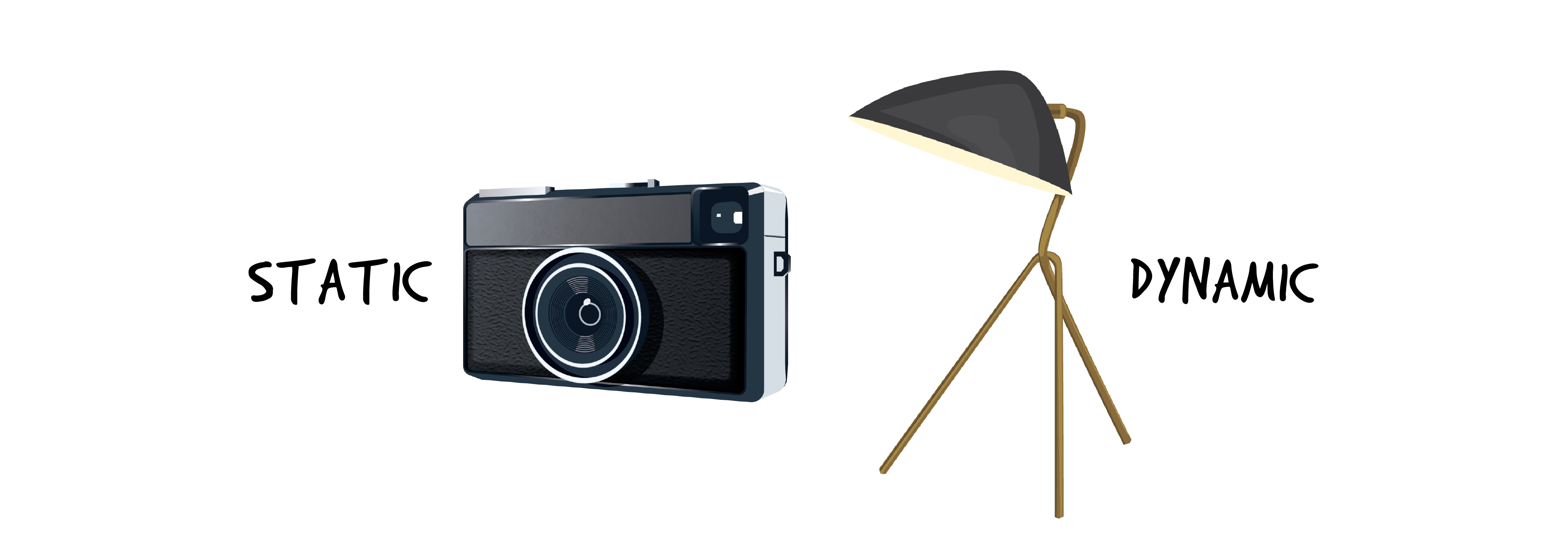 On the left is a black digital camera, showcasing its rectilinear composition. On the right is a lamp in which each component is at an angle to the other: a black, conical lamp shade and 3 wooden tripod-like legs.