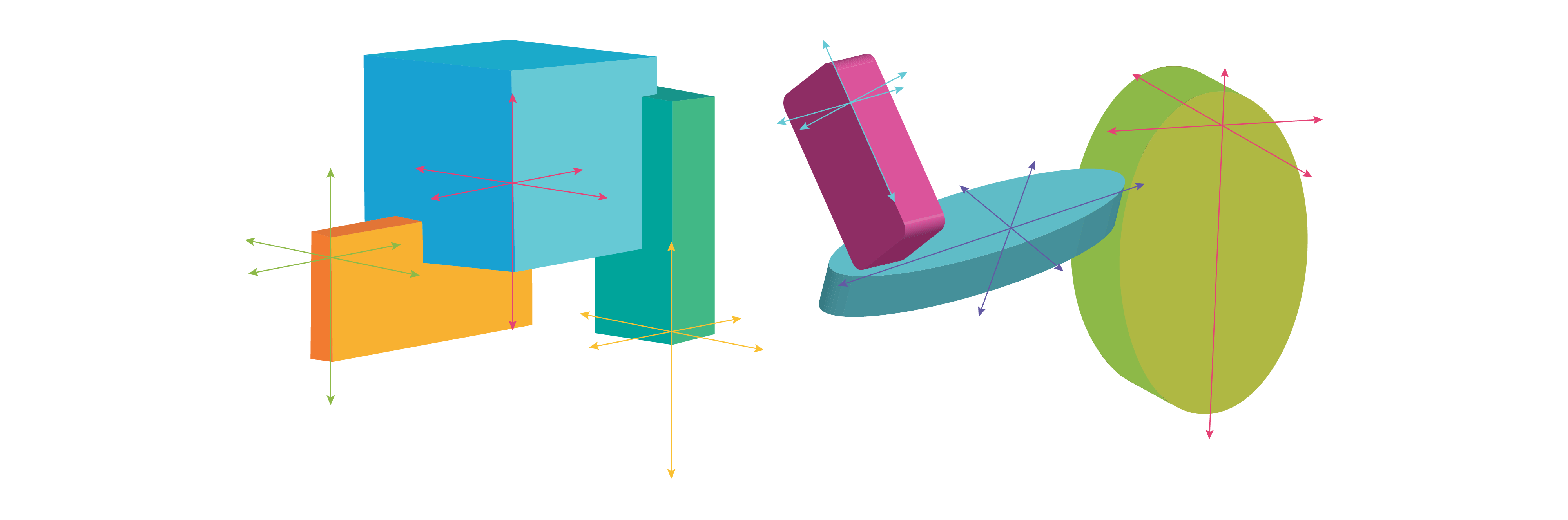 Two images illustrate a Static Axes Composition on the left, and a Dynamic Axes Composition on the right. On the left, a large blue box sits vertically on an orange plane, wedged into a tall, green rectilinear form. On the right, 3 forms are attached at dynamic angles: a blue oval slice, a green oval slice, and a pink rectilinear form.