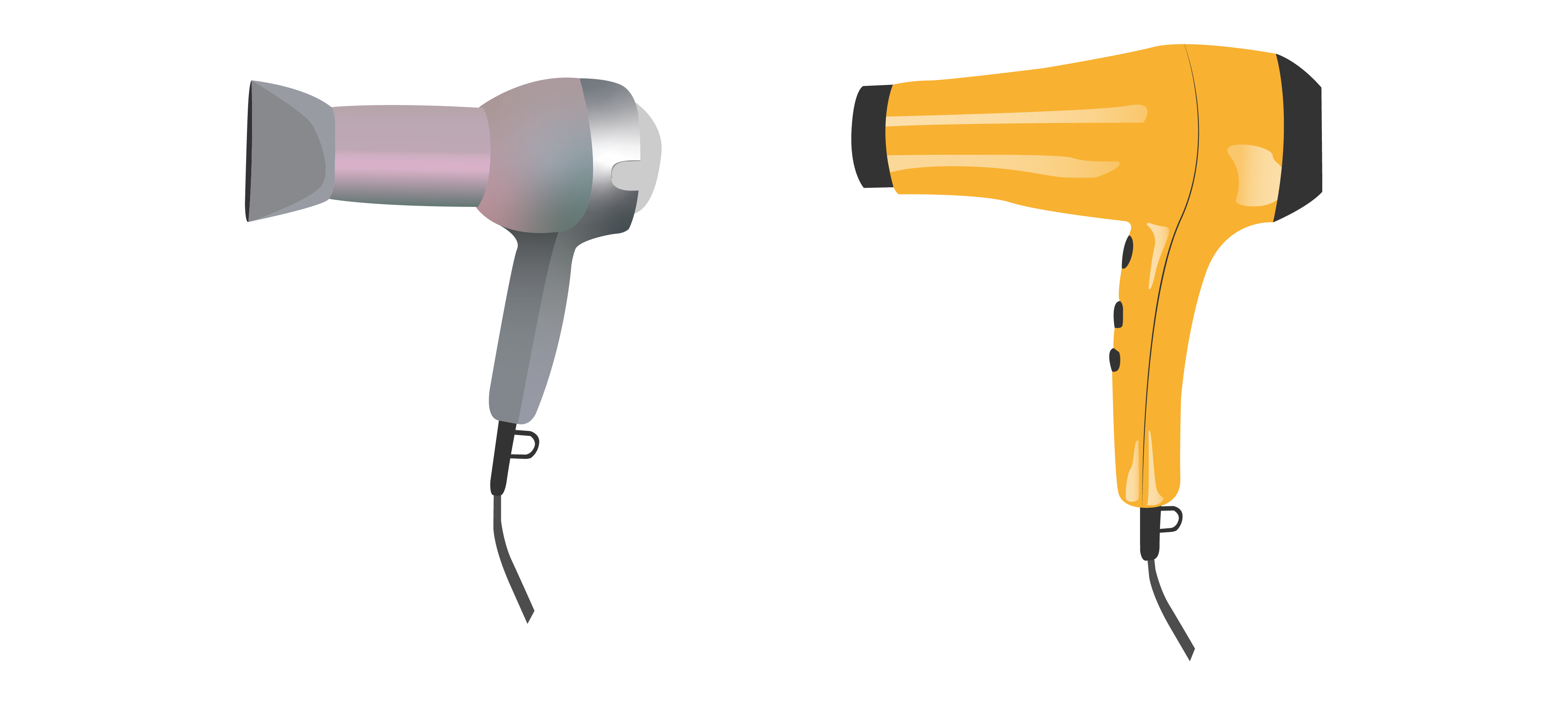 Two different hairdryers are shown. On the left, a pink and gray hairdryer on the left shows 7 or 8 distinct elements in its overall composition. On the right, a yellow and black hairdryer has elements that flow into one another and appear as a unified surface with 2 or 3 main differences between features.